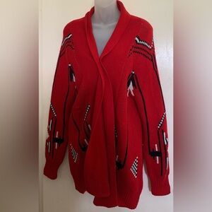 Gianni Bini Red/Black Patterned Open Front Cardigan Size L